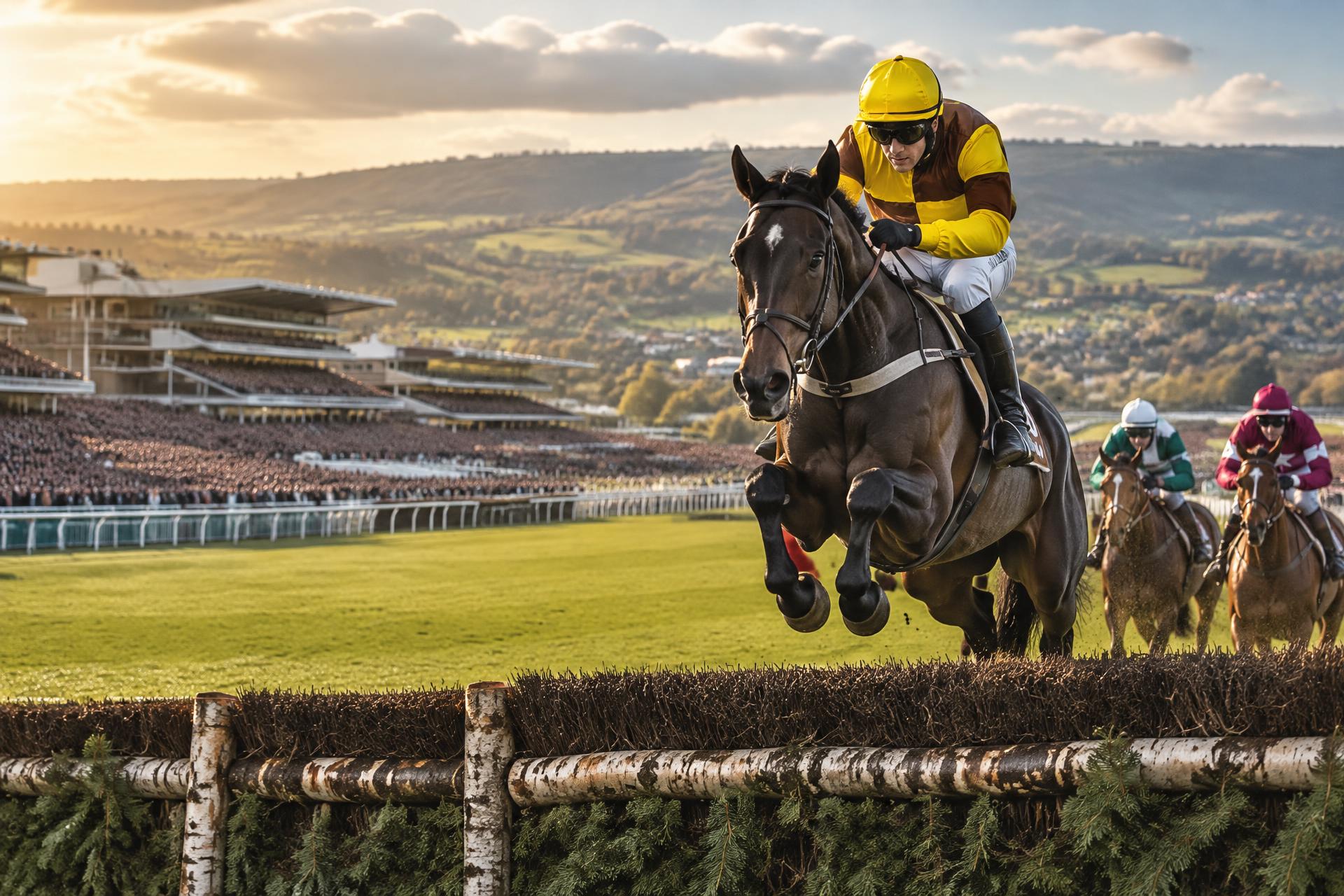 Illustrative Gold Cup scene depicting Galopin Des Champs leading over a fence, with the jockey in Audrey Turley's yellow and brown quartered jacket, halved sleeves and yellow cap.